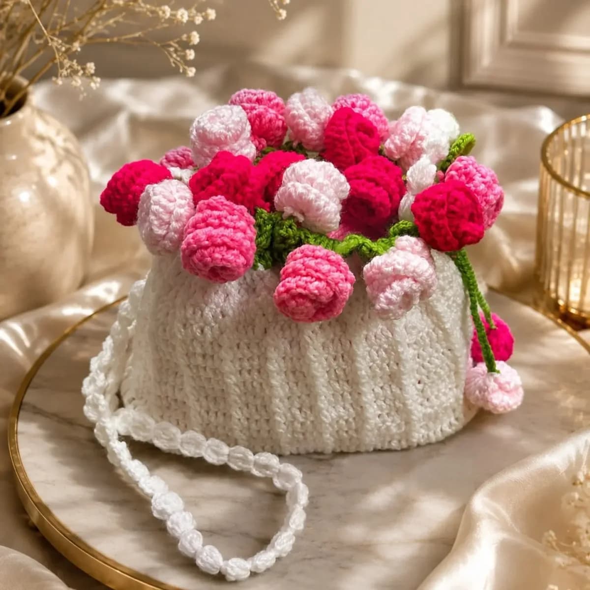 Cream crochet bag topped with pink, white and fuchsia roses