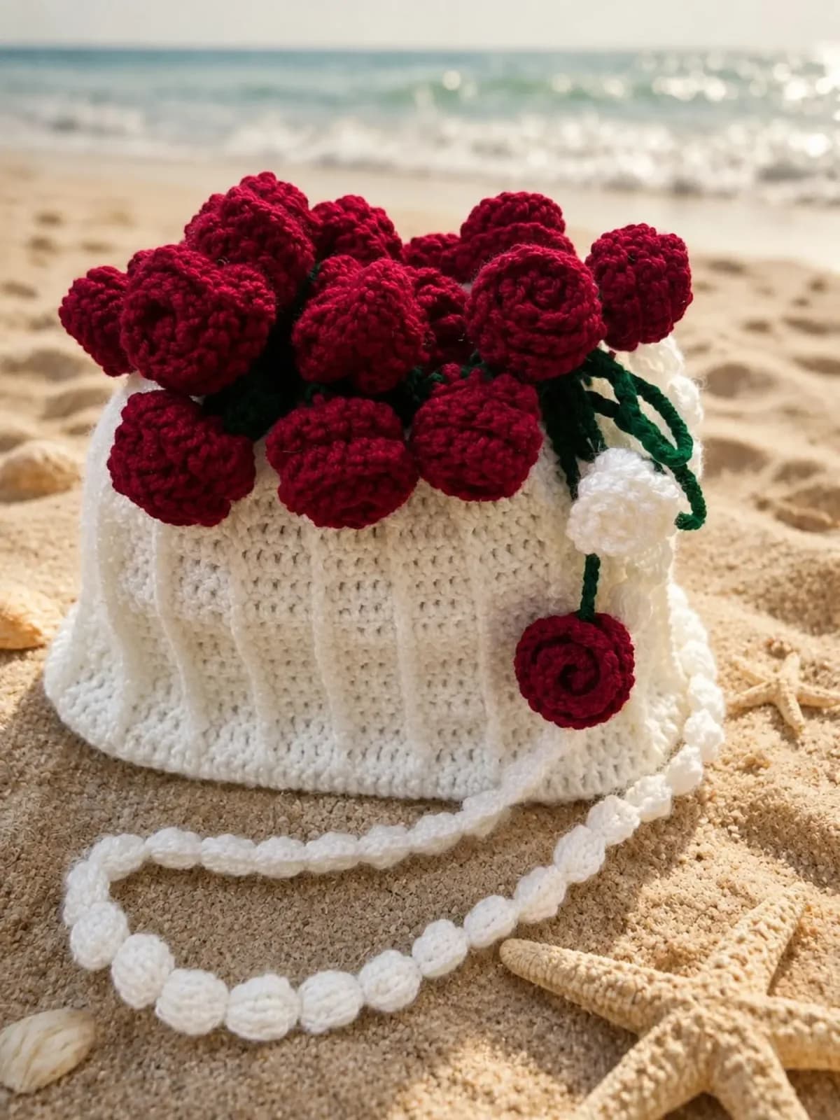 Cream crochet potli bag with burgundy roses and a flower-chain handle